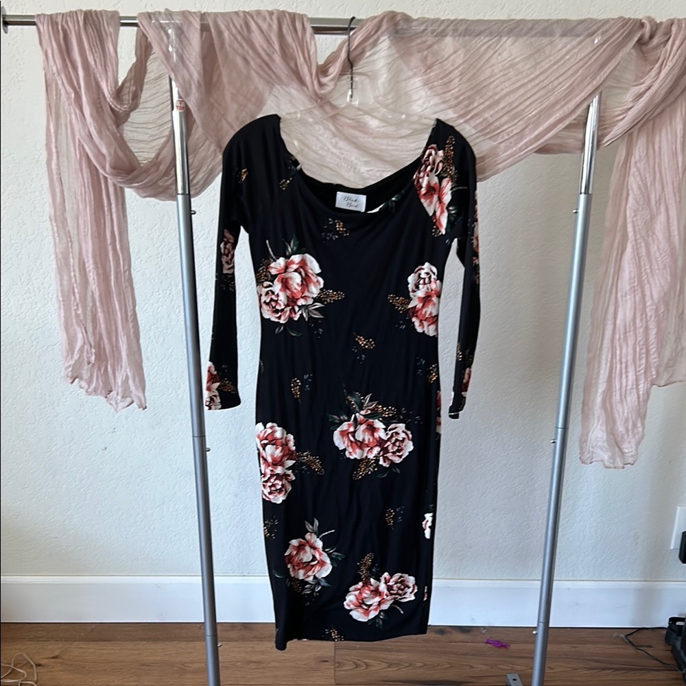 Black Bead Elegant Black and Pink Floral Bodycon Dress